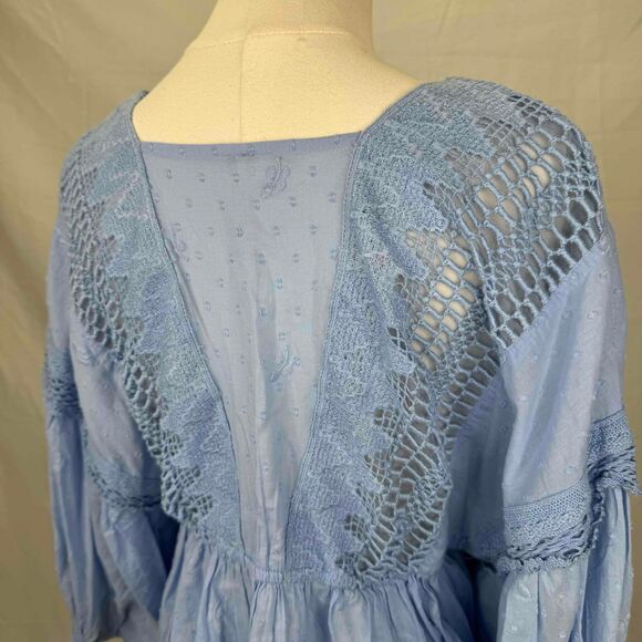 Free People Drive You Mad Blouse Blue Crochet Puff Sleeve Southern Bell Western - Picture 9 of 16